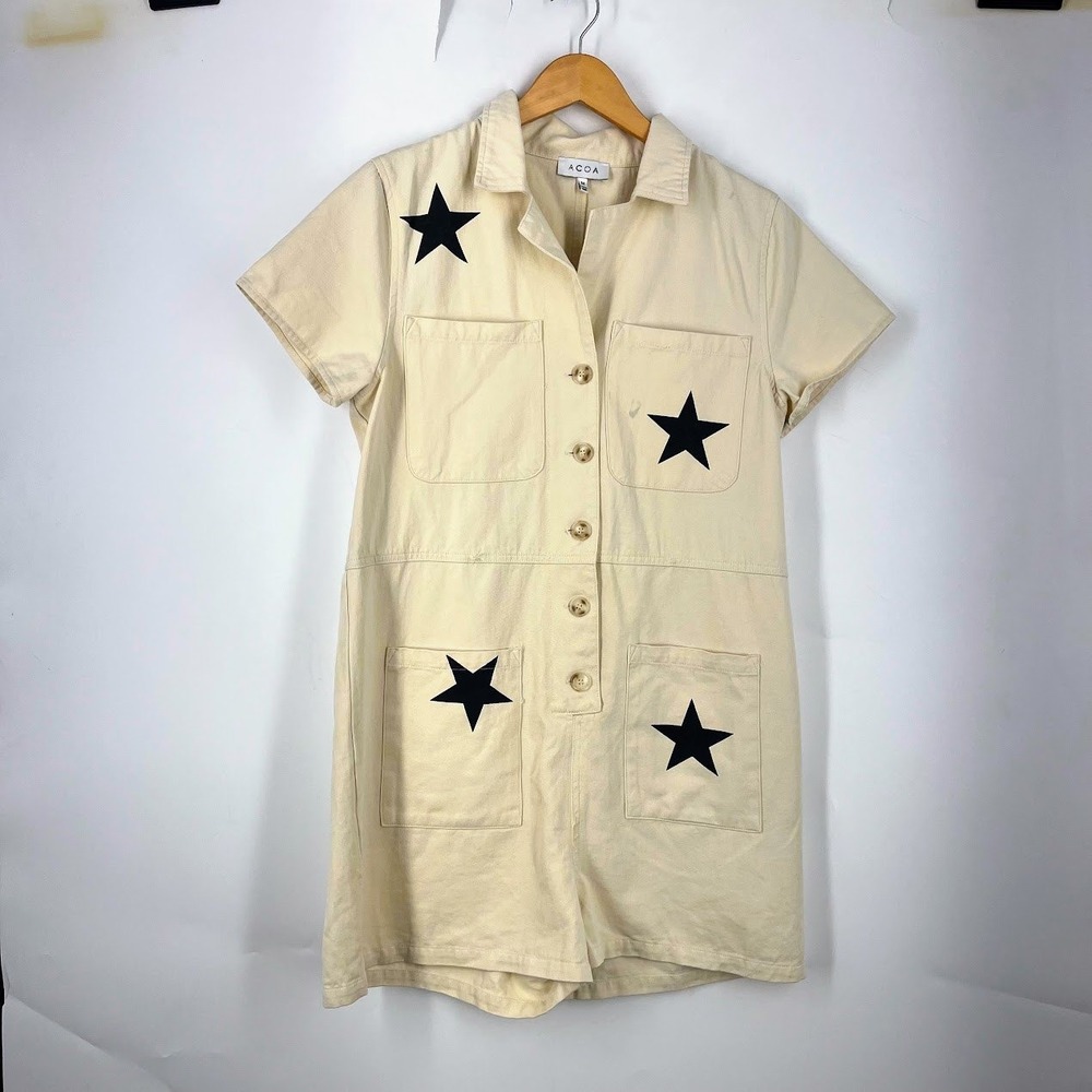 ACOA Womens Cream Cotton Star Print Utility Short Sleeve Romper Size M ACR20207